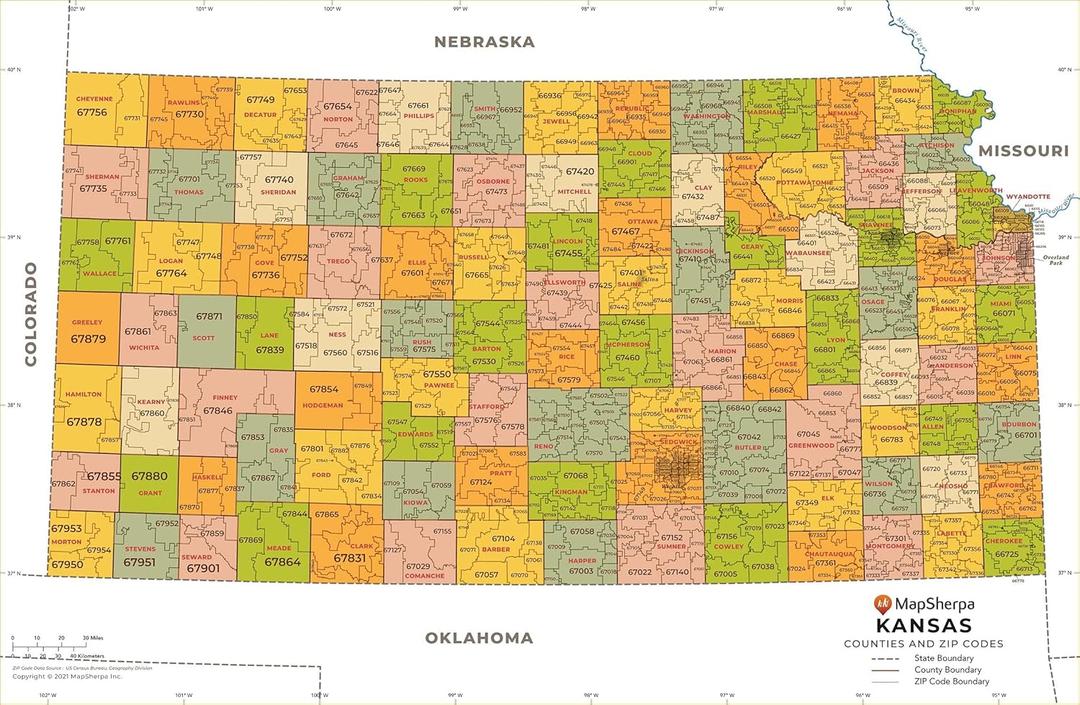 Kansas ZIP Code Map with Counties - Large - 48" x 31.5" Laminated