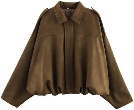 WOWULOVELY Women's Faux Suede Bomber Jacket Lapel Pilot Pocket Coat Casual Oversized Long Dolman Sleeves Trendy Streetwear M