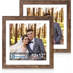 2 x Hongkee 12x12 Picture Frame Set of 2, Made of Real Glass and Rustic Brown Wooden Frame - Display Square 10x10 with Mat or 12x12 Without Mat, 12 by 12 Photo for Wall or Tabletop