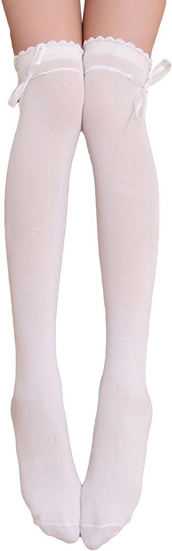 Aivtalk Women's Extra Long Opaque Striped Over Knee Thigh High Stockings Socks (Solid/ White Bow)