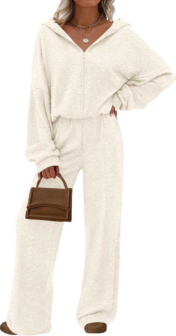 PRETTYGARDEN Women's 2 Piece Fall Lounge Sets 2026 Zip Up Hoodie Wide Leg Tracksuit Spring Matching Travel Outfits Clothes, White, Medium