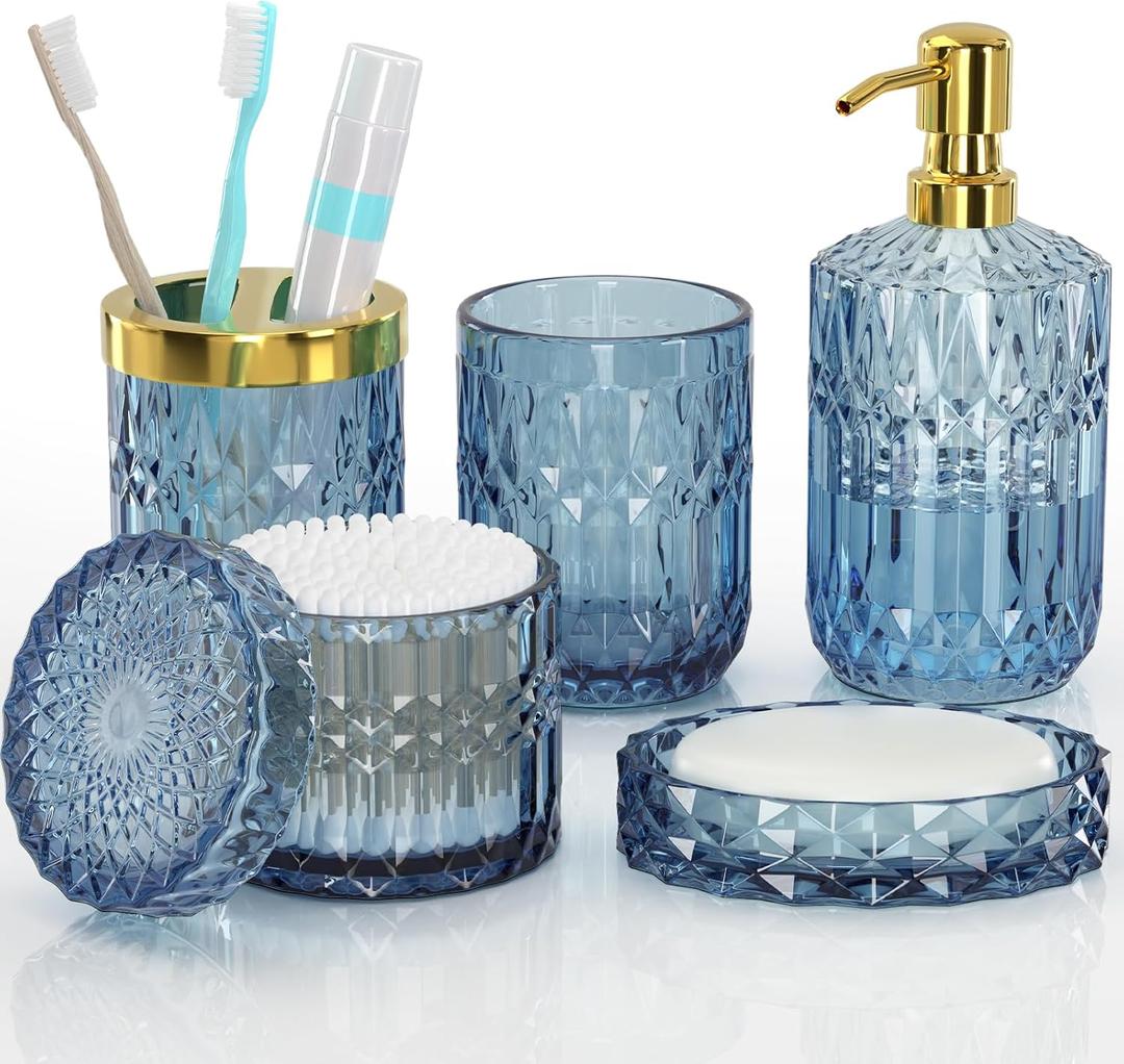 Blue Bathroom Accessories Set, 5 Pcs Clear Glass Bathroom Accessories with Lotion Soap Dispenser, Soap Dish, Toothbrush Holder, Bathroom Tumbler, Cotton Swab Jars, Perfect for Bathroom Theme Gift