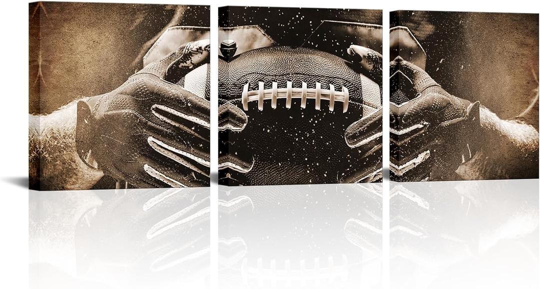 LyerArtork 3 Pieces Retro American Football Wall Art Canvas Prints Sepia Sports Athletes Vintage Framed Wall Decor for Boys Bedroom Home Gym Living Room Brown 12"x12"x3pcs