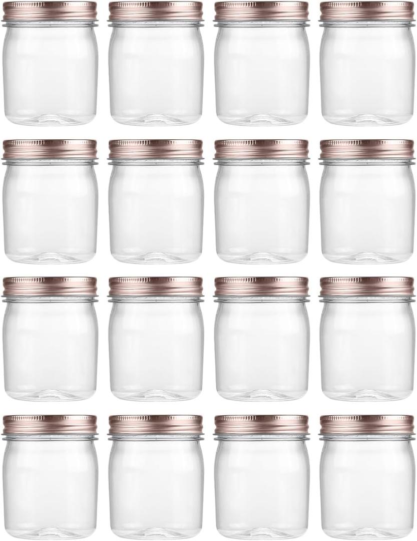 Novelinks 8 oz Clear Plastic Jars with Screw-On Lids - BPA-Free Refillable Storage Containers for Slime, Spices, Crafts, Kitchen & Home Organization (16 Pack,Rose Gold)