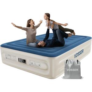 VOSSER Queen Air Mattress with Built-in Pump, Extra Thick Blow Up Mattress, Leak-Proof Air Bed with Storage Bag, Flocked Top Inflatable Mattress for Home, Camping & Guests 660lbs, Queen 15''(Standard Height)