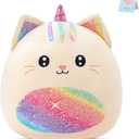 Athionsu 14-Inch Unicorn Cat Plush Pillow Soft and Cuddly Stuffed Animal Toy for Toddler Girls and Boys, Cute Rainbow Belly Plush Gift (CAT)