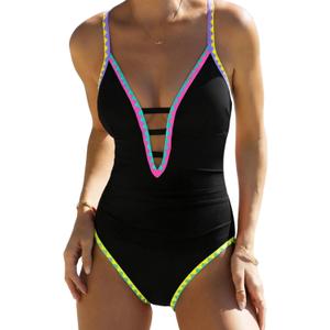 popvil Women One Piece Swimsuit Tummy Control Deep V Neck Neon Cute Bathing Suit Back Tie Swim Suits 2025 Summer, Small