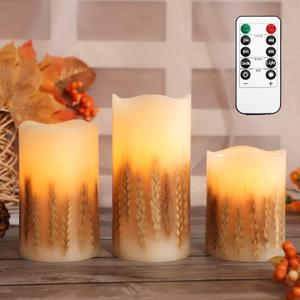 Wheat Decor Flameless Candle Battery Operated with Remote Real Wax LED Wick Flickering Pillar Candles Fall Arrangement for Wedding Table Home Kitchen