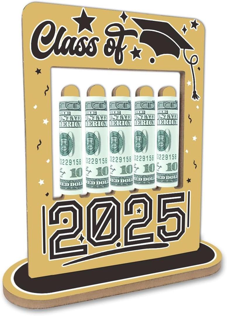 Graduation Money Holder Wooden Frame - Double Side Cash Holder for Class of 2025 Students - Creative Graduation Celebration Party Decoration Supplies - Keepsake Gift for Grads(Gold) - A04
