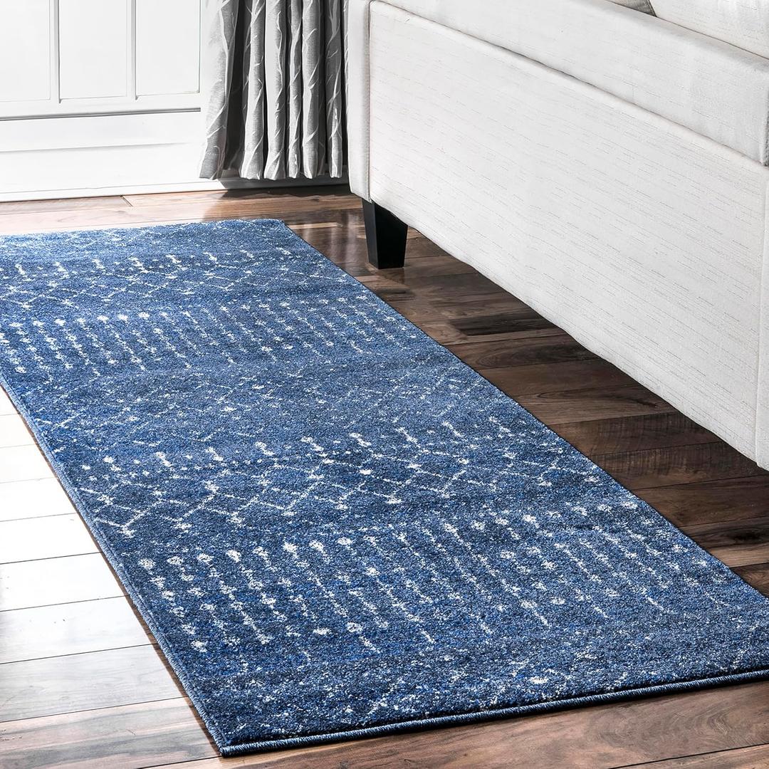 nuLOOM 2x8 Moroccan Blythe Area Rug, Dark Blue, Faded Bohemian Design, Stain Resistant, For Bedroom, Dining Room, Living Room, Hallway, Office, Kitchen, Entryway