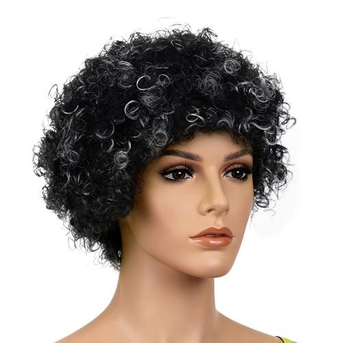jiebor Short Curly Afro Hair Funny Clown Hippie Wig for Men Women Adults 70s 80s 90s Halloween Party (Black White)