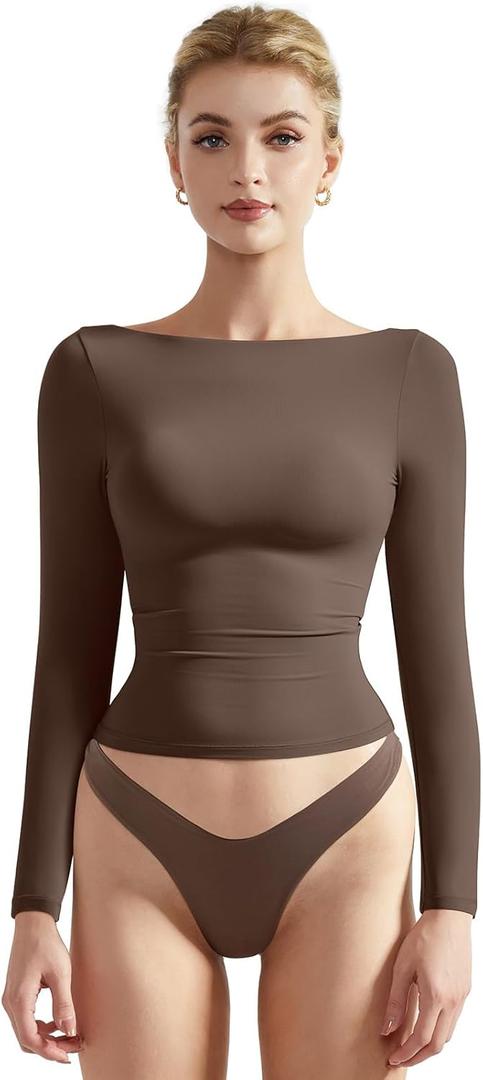 SUUKSESS Women Crew Neck Long Sleeve T Shirts Double Lined Tight Fitted Crop Top (Medium, Brown)