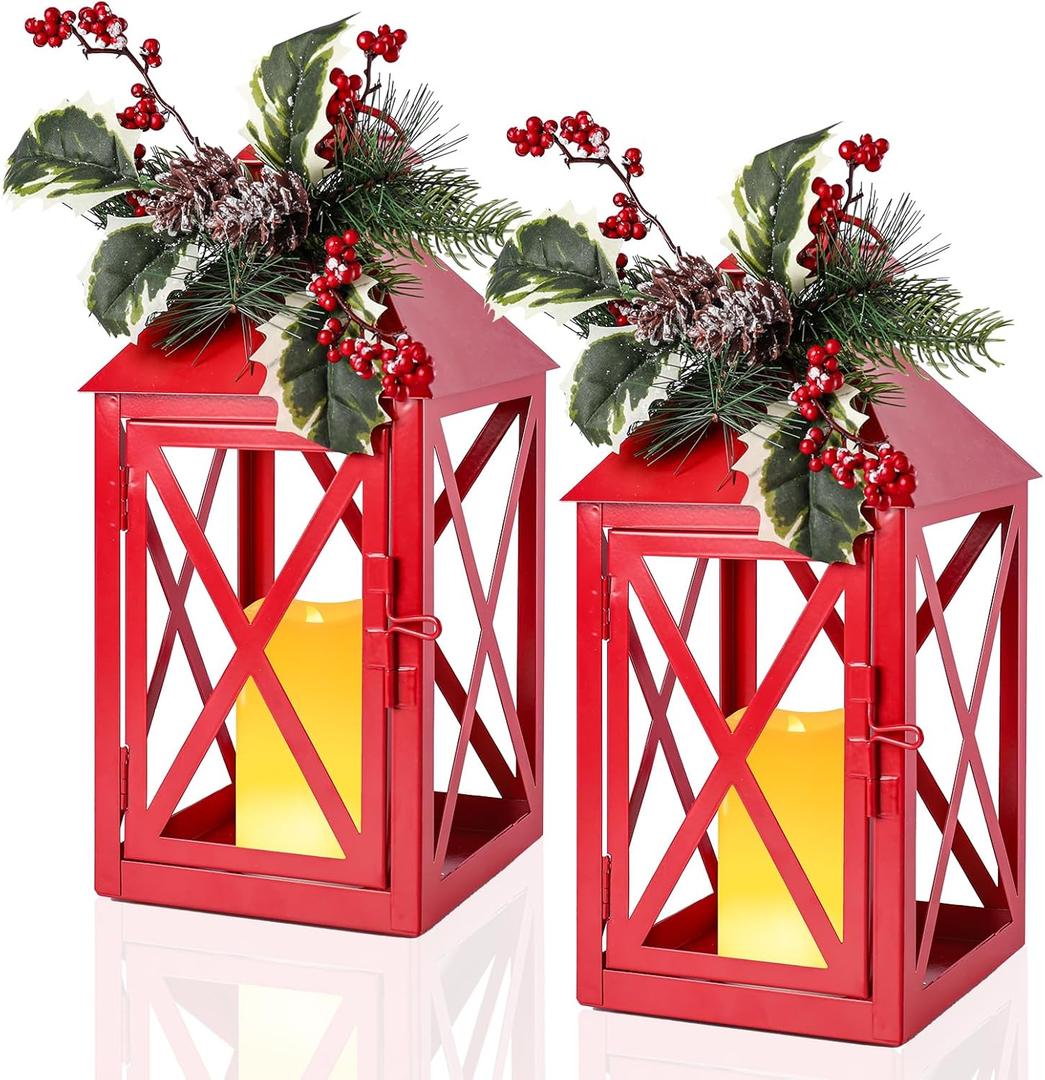 Christmas Lanterns Decorative Outdoor, 2 Packs Battery Powered Waterproof 14.2" Decorative Christmas Red Lantern Indoor Decor Metal Hanging Candle Holder LED Flameless Candle Lantern for Patio, Porch