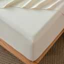 MooMee Fitted Bottom Sheet Only 100% Washed Cotton Linen Like Textured Breathable Durable Soft Comfy Deep Pocket Fits Mattress up to 17" (Cream White, California King)