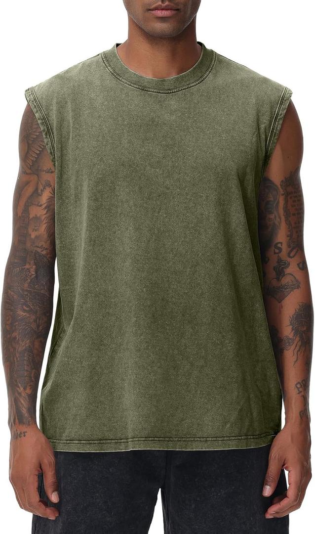 Men's Workout Tank Tops Sleeveless Tee Shirts Men Muscle Shirt Gym Acid Wash T Shirts Running Beach Loose Fit Tee (X-Large, Army green)