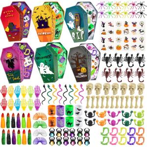 243 PCS Halloween Party Favors for Kids, 24 Pack Coffin-Shaped Goodie Bags with Halloween Toy, Halloween Goodie Bags Stuffers, Bulk Halloween Party Favors Prizes for Kids Trick or Treat