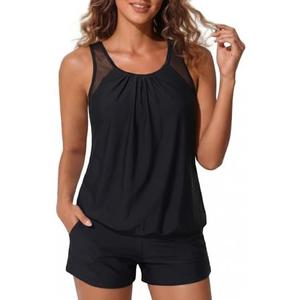 Women Blouson Tankini Swimsuit with Shorts - 2 Piece Tummy Control Bathing Suit Modest Mesh Racerback Top with Pockets 2026, Medium