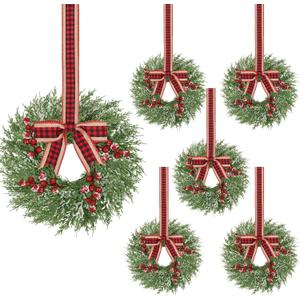 6 Pcs 14 Inch Small Christmas Wreath, Christmas Wreaths for Windows, Winter Mini Wreaths Christmas, Cabinet Wreaths for Kitchen, Window Decorations for Front Door Candle Rings Outdoor Indoor