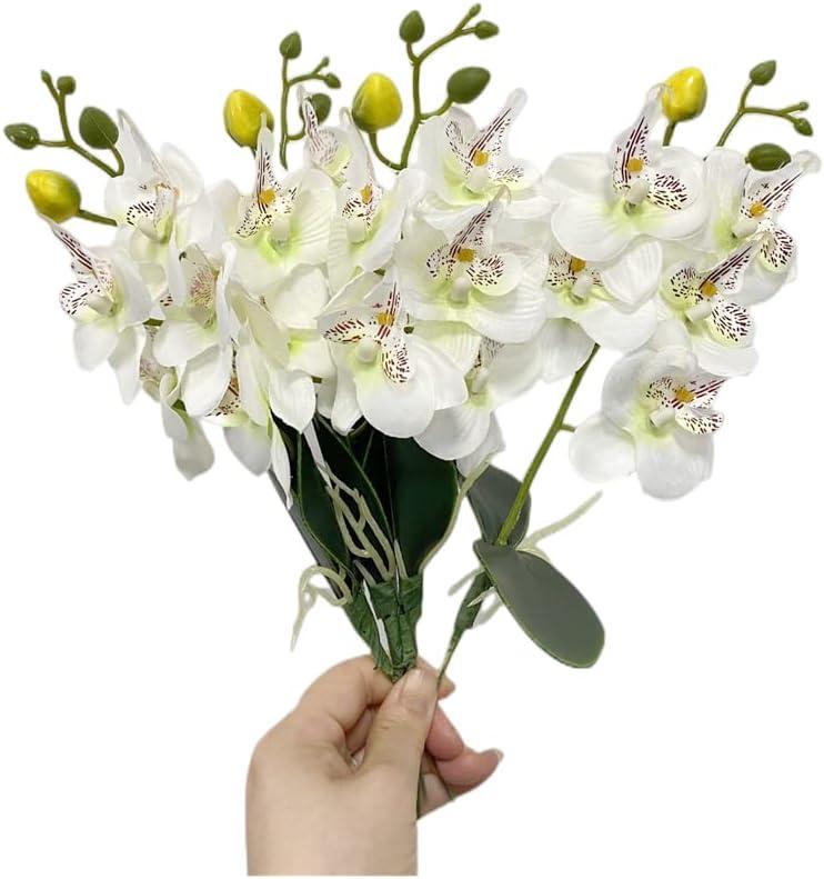 Rikyo 4 Bunches Tropical Artificial Flower 11" Mini Butterfly Orchid with 4 Silk Flower Heads and Phalaenopsis Orchids Leaves Faux Leaf for Wedding Home Decor Flowers Garden Bonsai (White-1)