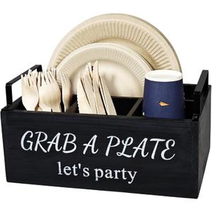 Paper Plate Holder, Utensil Caddy Organizer, Wood Paper Plate Dispenser, Silverware Caddy Holder, and Disposable Coffee Bar Accessories Box for Kitchen Counter, Party, Camping, Picnic (4 compartment)
