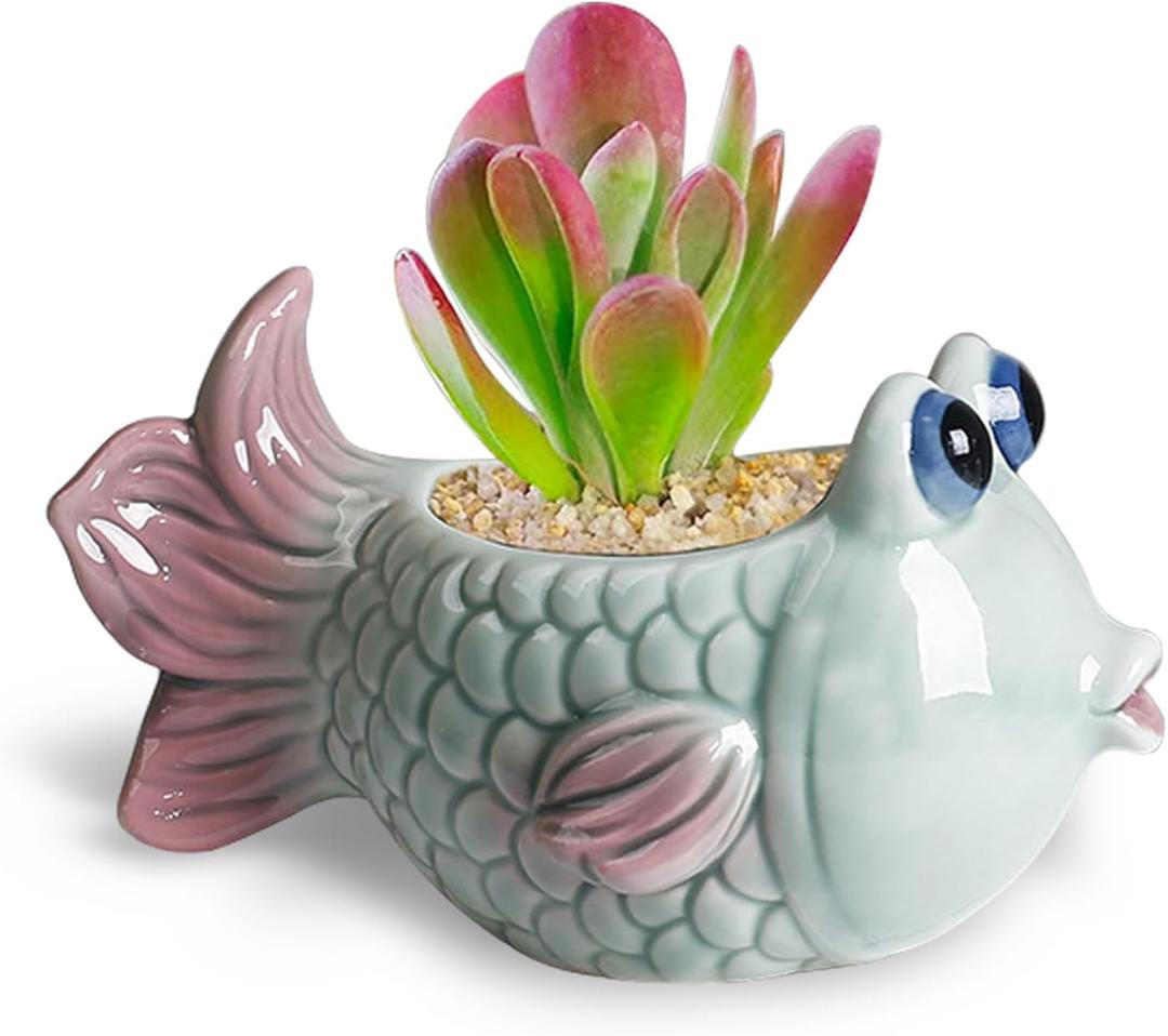 DIYOMR Tropical Fish Ceramic Planter, 5.8 Small Flower Pot Decoration Desktop Windowsill Decor,Indoor Outdoor Succulent Cactus Pot for Plant Lover (Green)