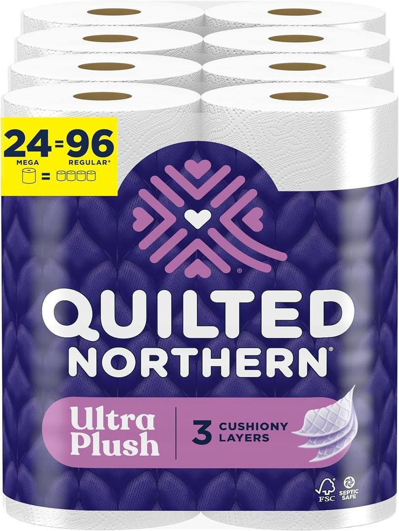 Quilted Northern Ultra Plush Toilet Paper, 24 Mega Rolls = 96 Regular Rolls, 3X Thicker*, 3 Ply Soft Toilet Tissue