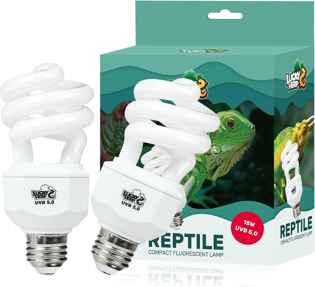 LUCKY HERP 2 Pack UVA UVB Reptile Light, 15W 5.0 UVB Bulb for Tropical and Sub Tropical Reptiles, Compact Fluorescent Terrarium Lamp, Reptile UVB Bulb for Chameleons, Lizard, Turtle