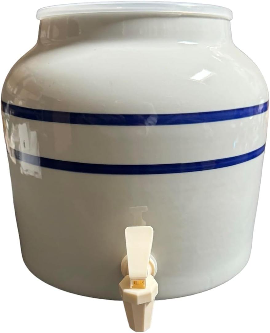 Stripe Design Countertop Water Dispenser Porcelain Ceramic Beverage Crock with BPA Free Spigot and Ring, Fits 3 to 5 Gallon Bottle Jug - Blue