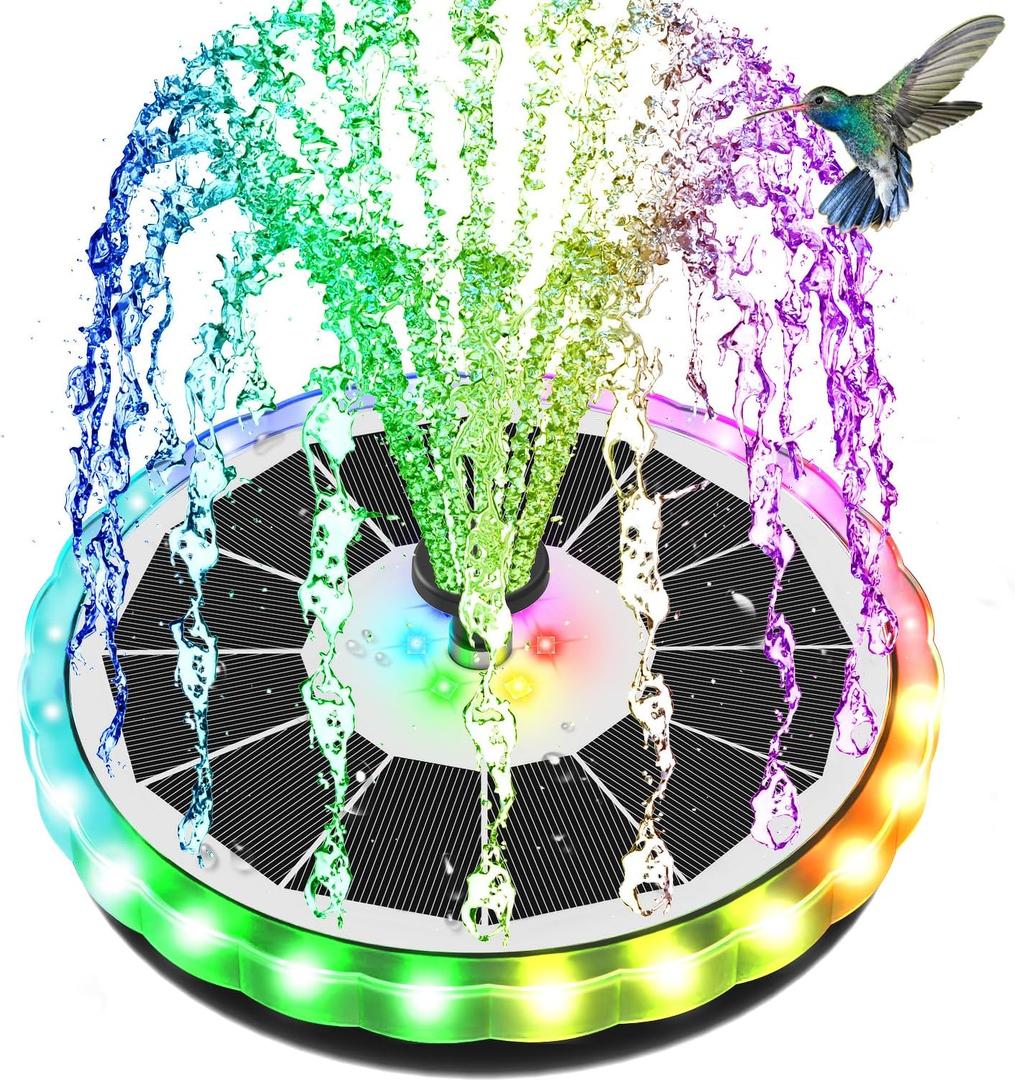 SZMP Solar Fountain, Upgrade 4W Solar Bird Bath Fountain with 4000mAh Battery, Color LED Lights, Outdoor Solar Powered Water Fountain Pump with 7 Nozzles and 4 Fixers for Garden, Patio, Pond, and Pool