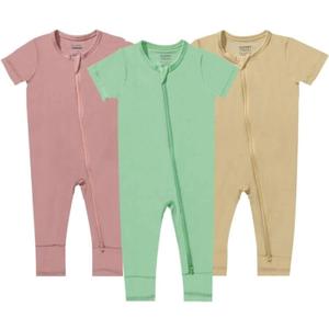 GUISBY Rayon Made from Bamboo Baby Pajamas, Summer Short Sleeve Footless Rompers, 2 Way Zipper Sleeper (0-3 Months, Sage-Peach-Light Yellow)