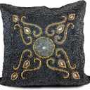 GFI Beaded Pillow Cover 14x14  Navy Gold Cushion Cover with Mini Paisley Design  Handcrafted by Indian Artisans  Elegant Home Dcor Accent for Christmas, New Year, Festivals