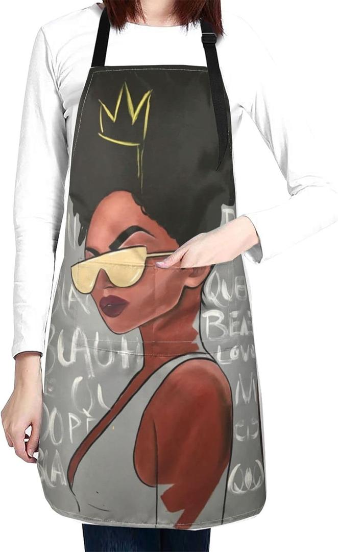Perinsto Waterproof Apron with 2 Pockets Kitchen Chef Aprons Bibs for Cooking Baking (African Black Woman #02)