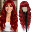 Long Red Wigs with Bangs 26Inch Wavy Curly Hair for Women Tangle Free Soft Natural Looking Premium Heat Resistant Protein Fiber Daily Party Use