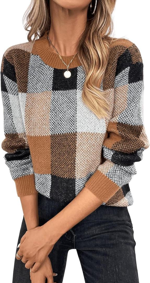 GORGLITTER Women's Argyle Checkered Sweater Plaid Long Sleeve Fall Knit Sweater Pullover Tops Multicolor Small