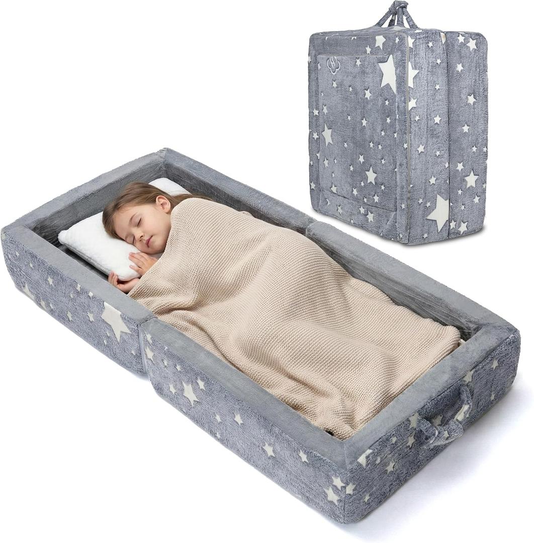 Toddler Floor Bed, Foldable Travel Bed Glow-in-the-Dark | Portable toddler bed for travel & home; foldable floor bed with glow fabric; washable cover, safety rails, no assembly needed