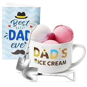 R HORSE Father Ice Cream Bowl Gift Set, Dad’s Ice Cream Bowl Engraved Shovel Spoon Set with Best Dad Ever Card, Desserts Cereal Fruit Tableware Kit Father’s Day Birthday Gift Box for Daddy Grandpa Men