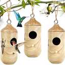 Hummingbird House for Outside Hanging,Wooden Humming Bird Nest 3 Pcs with Hemp Ropes (MI3723)