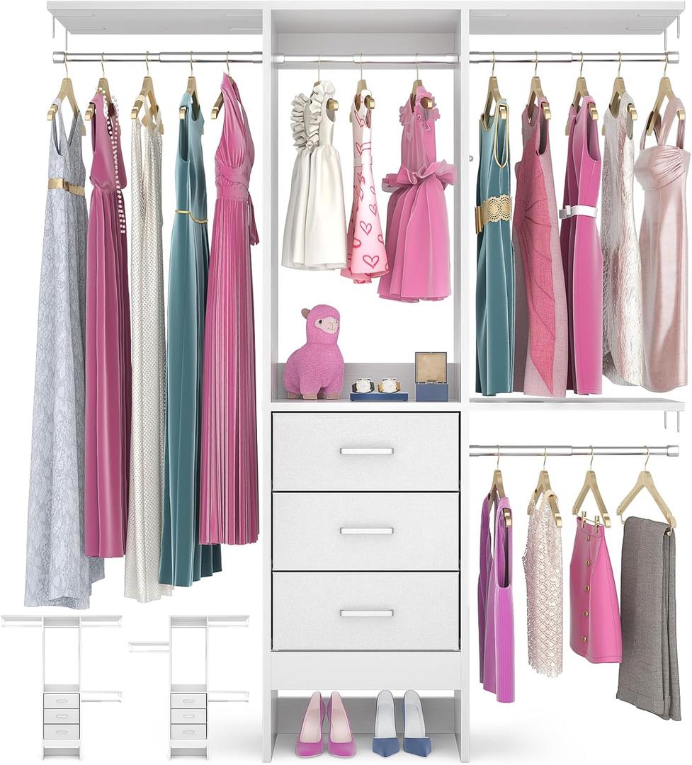 Besiost 4FT Small Closet System with 3 Fabric Drawers, 48'' Closet Organizer System With 3 Adjustable Shelves, Flexible Built-In Clothes Garment Rack for Small Space, 48" L x 13" W x 71" H, White