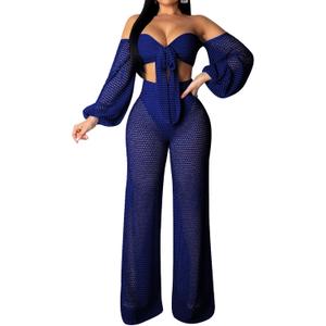 sexycherry Swimsuit Coverup for Women Off Shoulder Top & Mesh Long Pants (Blue, L)