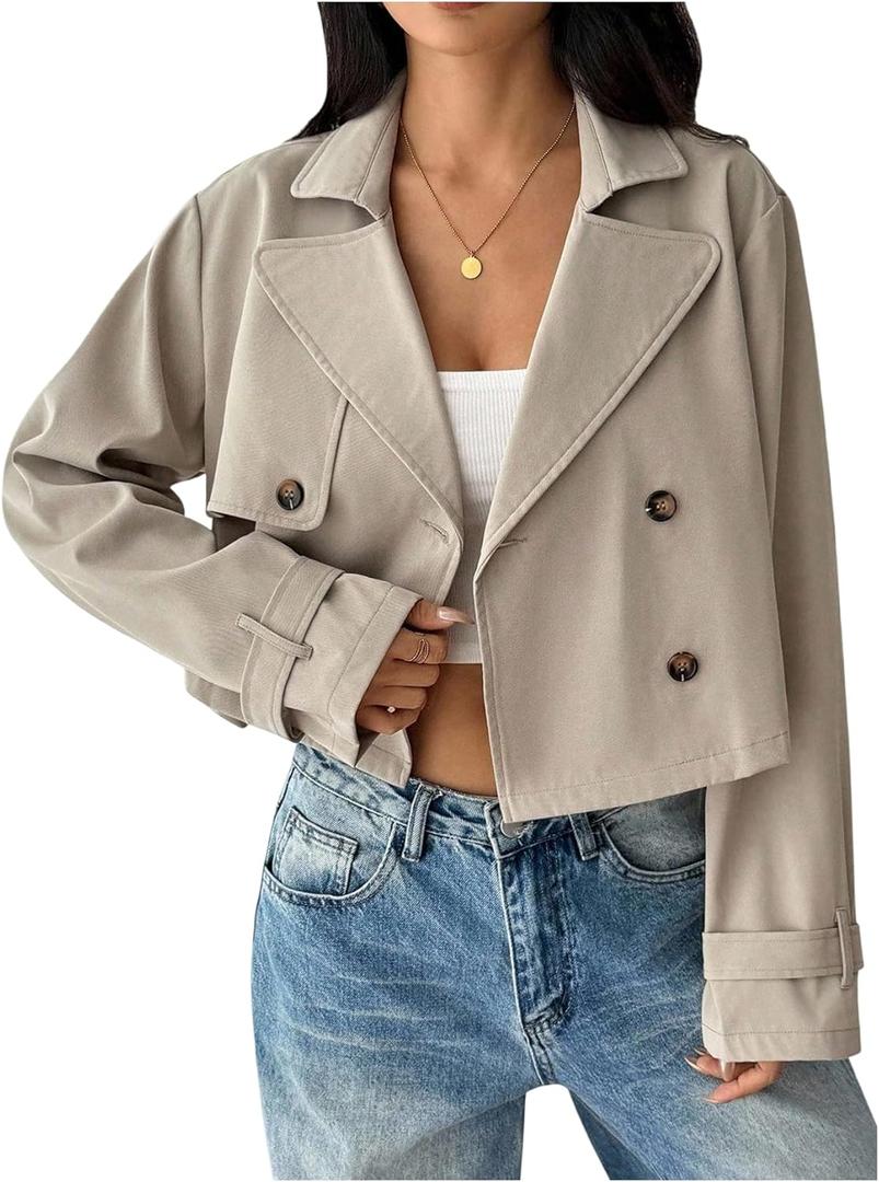 GORGLITTER Women's Cropped Trench Coat Lapel Button Down Long Sleeve Casual Jacket Outwear Fall Outfits 2025 Apricot Petite XS