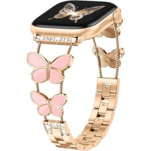 Band Compatible with Apple Watch Bands for Women Metal Rose gold 38mm 40mm 42mm 41mm, Dressy Fancy Slim Wristband Thin Metal Strap for iWatch Series 10 9 8 7 6 5 4 3 SE 2 1, Pink