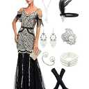 1920s Sling Offer Shoulder Tassel Flapper Fringe Long Mesh Mermaid Hem Dress Gatsby w/Accessories Set (X-Large, Beige)