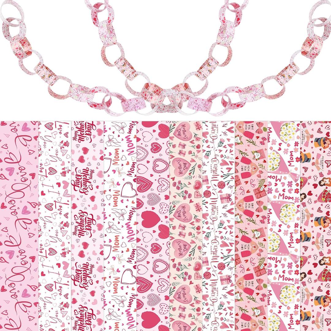 600 Pcs Mother's Day Paper Chain Garland Kit, Decorative Patterned Strips for DIY Paper Chain Crafts, Pink Floral Heart Designs for Party Home Spring Decorations