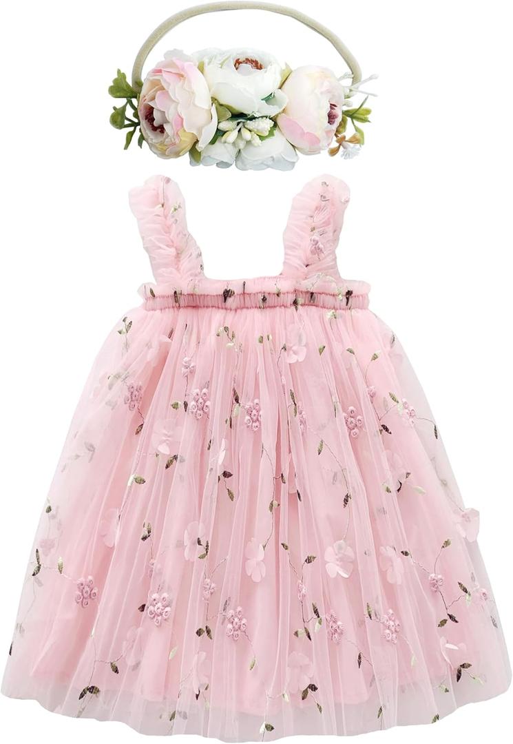 BGFKS Layered Tulle Tutu Dress for Toddler Girls,Baby Girl Rainbow Tutu Princess Skirt Set with Flower Headband. (6 Months, Flower Pink)
