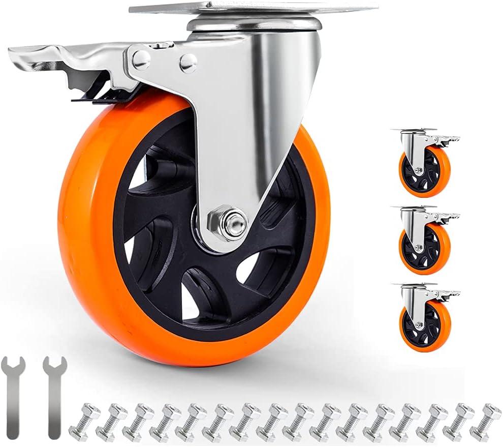 5 inch Swivel Plate Casters Wheels with Screw Safety Dual Locking and Polyurethane Foam No Noise Wheels,Heavy Duty-550 Lbs Per Caster