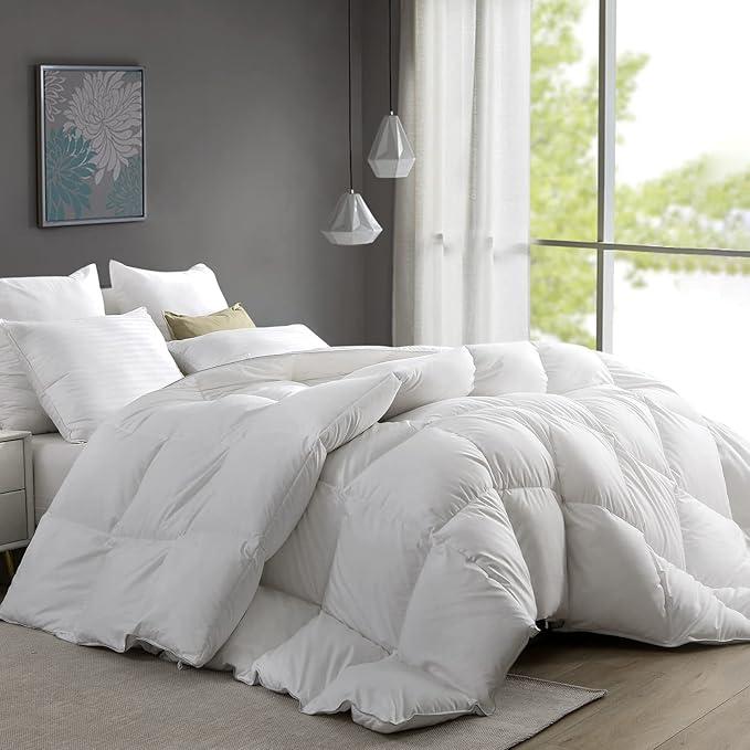 Premium Down Feather Fibers Comforter, All Season Duvet Insert, Ultra Soft High Fill-Power Hotel Quality Comforter with Corner Tabs(White), 120" X 98"