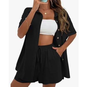 APAFES Women Summer Cotton Linen Short Sets 2 Piece Shorts Top Lounge Beach Vacation Two Piece Outfits Tracksuits S, Black