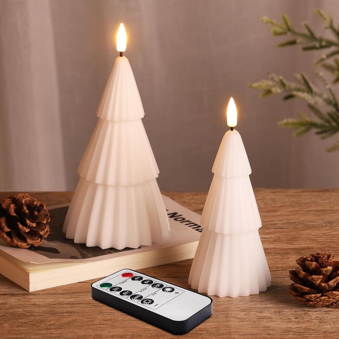 White Christmas Tree Flameless Candles with Remote, Real Wax Flickering Xmas LED Decorative Candles Set of 2