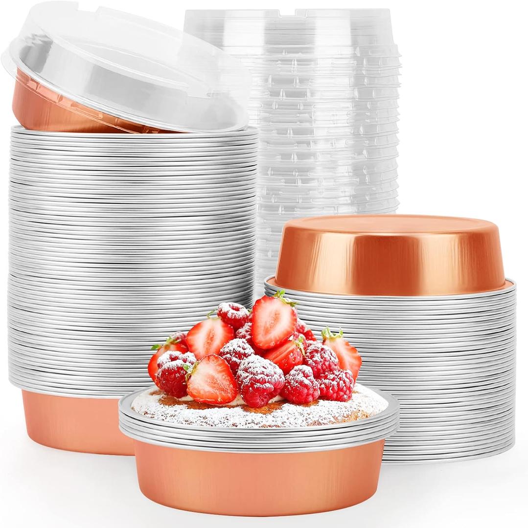 Beasea Mini Tart Pans, 8 Oz, 100 Pack, Rose Gold Aluminum Pie Pan Cartoon Tin Tart Pans, Round Oven Baking, 4 Inch