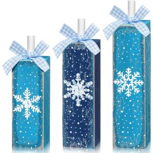 Amyhill 3 Pcs Winter Table Decorations Wooden Snowflake Block Signs Rustic Snowflake Tabletop Centerpieces Blue Snowflakes Tiered Tray Decor for Winter Decorations Wonderland January Party Home Decor
